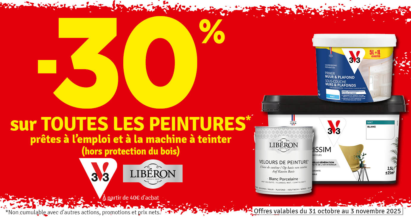 30 % sur toute les peintures V33 & LIBERON